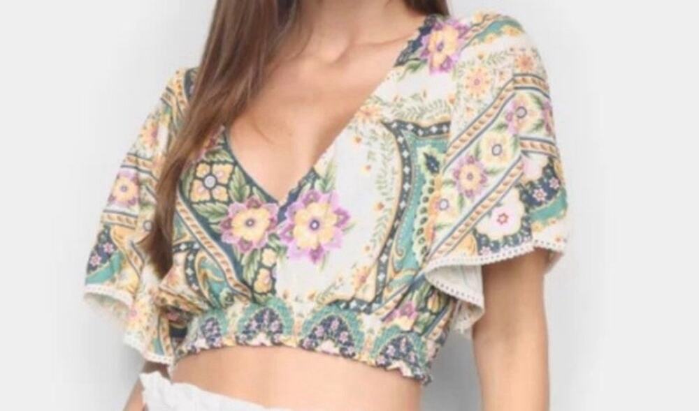Farm Rio Pineapple Gold Cropped Blouse Women’s Size P S